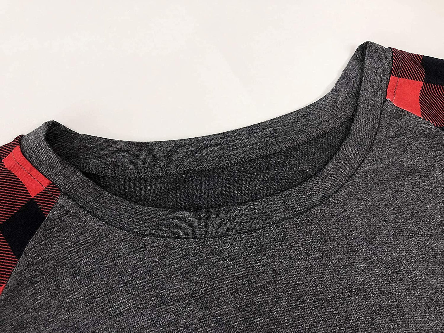 Women Merry Christmas T-Shirt Long Sleeve Plaid Raglan Splicing Reindeer Graphic Baseball Tee Top Christmas Santa Shirts Gray Red Reindeer 4325-L