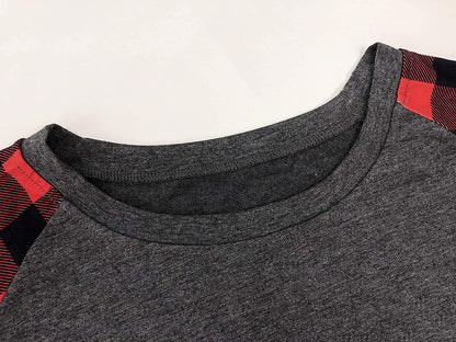 Women Merry Christmas T-Shirt Long Sleeve Plaid Raglan Splicing Reindeer Graphic Baseball Tee Top Christmas Santa Shirts Gray Red Reindeer 4325-L