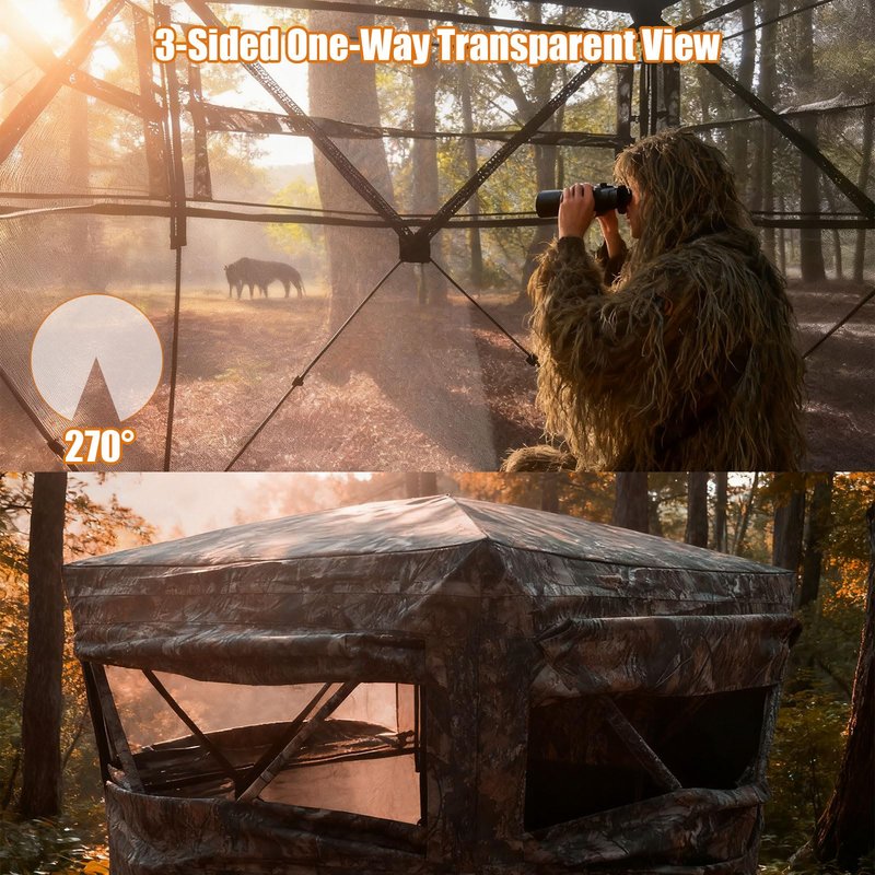 Fogun Hunting Blind 270 Degree See Through with Carry Bag, 3-4 Person Pop-Up Ground Blind - Durable 300D Deer & Turkey Blind for Full Concealment, Portable Tent (Forest Camo)