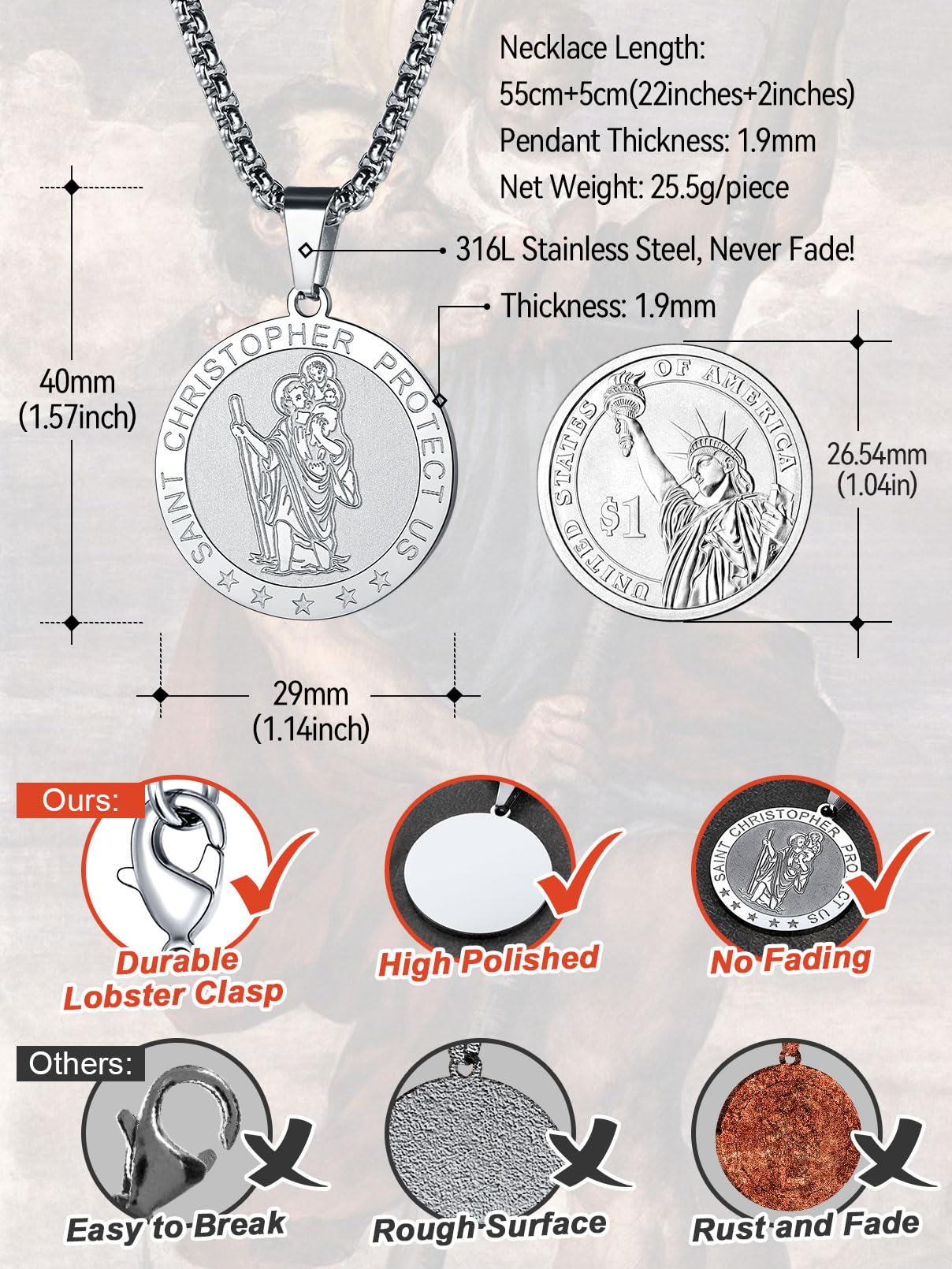FaithHeart St Christopher Necklace for Men Protective Jewellery Childrens Saint Christopher Pendant with Sturdy Chain Stainless Steel Catholic Necklaces Womens Gifts for Birthday