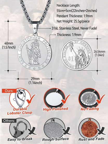 FaithHeart St Christopher Necklace for Men Protective Jewellery Childrens Saint Christopher Pendant with Sturdy Chain Stainless Steel Catholic Necklaces Womens Gifts for Birthday