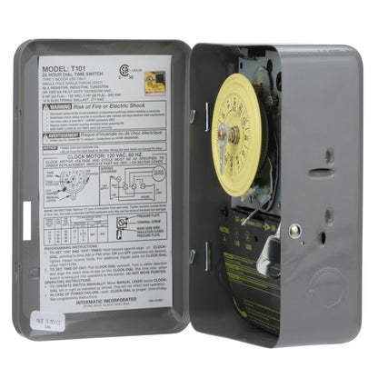 Intermatic T101 24-Hour Mechanical Timer Switch - 120V SPST, Indoor Metal Enclosure, Heavy Duty, Manual Override, 40 Amp - Ideal for Lights, Pumps, Fans, and HVAC Systems
