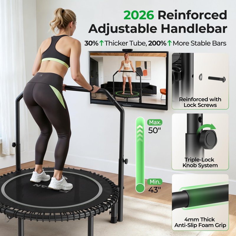 BCAN BT2 450/550LBS Mini Rebounder Trampoline for Adults with Bar, Fitness Trampoline with Bungees, Adjustable Handle, Stable & Quiet, Indoor Outdoor, Whole-Body Workout & Relaxation at Home-40IN-SLV