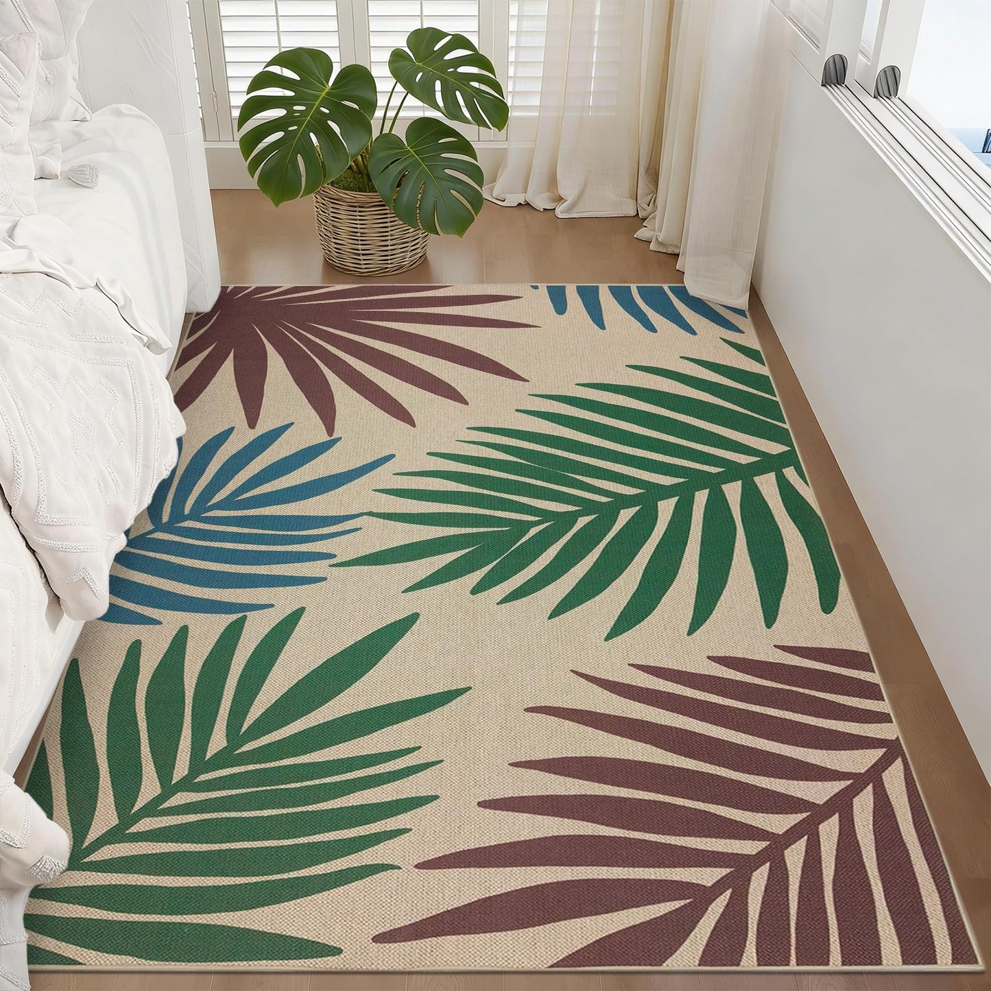 USTIDE Palm Leaf Design for Patio Rug 4'X6' Tropical Indoor Outdoor Rug for Living Room Dining Room Entryway Carpet Farmhouse Washable Non Slip Floor Mat for Covered Courtyard Porch Balcony
