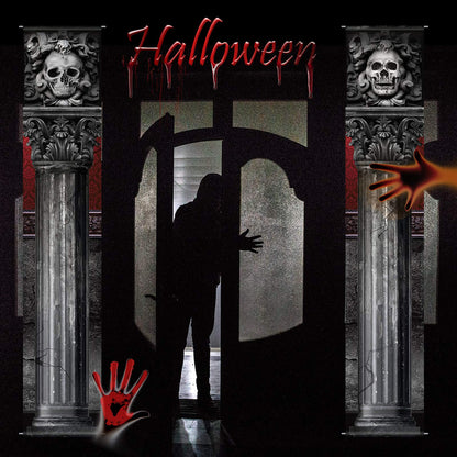 2 Pieces Halloween Gothic Mansion Banners Halloween Skull Hanging Banners with Welcome Foolish Mortals Porch Sign Spooky Pillar Sign Decorations for Outdoor Party Supplies