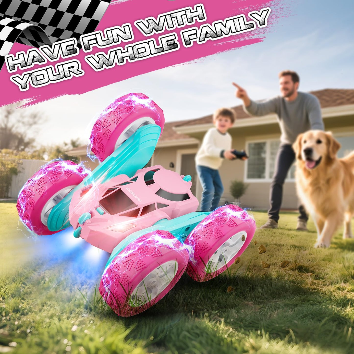 cosone Pink Remote Control Car for Girls, RC Stunt Car Double Sided 360°Flip with Headlights, All Terrain Tires, Rechargeable Batteries Toy Car for 6 7 8 9 10 11 12 Girls Birthday