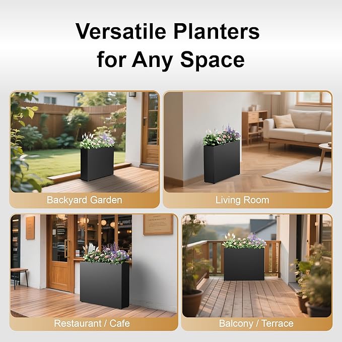 GSK Black Metal Planter Box Rectangular Rustproof Outdoor Plants Indoor Galvanized Steel 37" Lx10 Wx30 H Flower Rectangle Trough Office Commercial Home Patio Balcony Deck Yard Porch