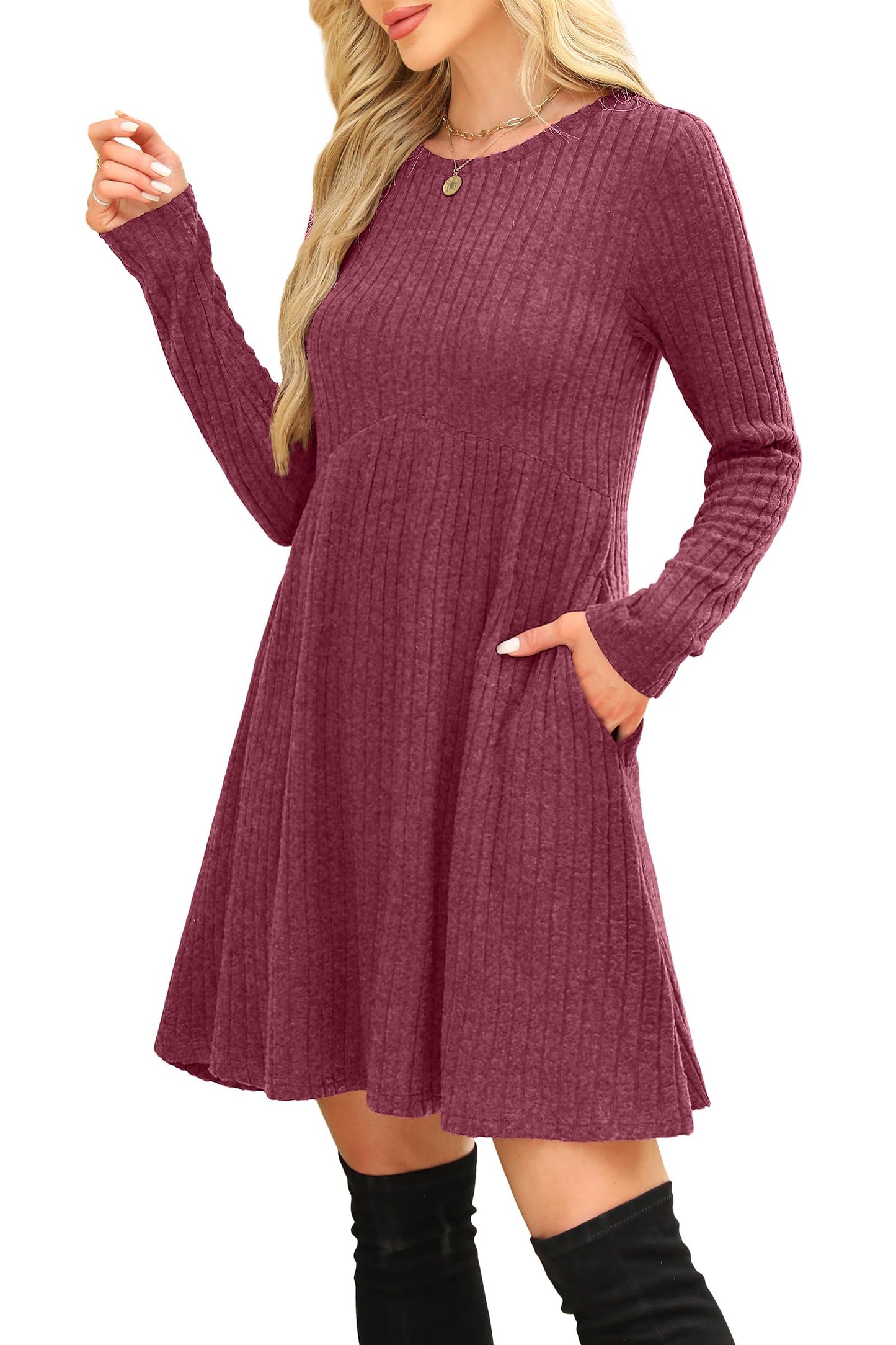OFEEFAN Long Sleeve Dress for Women Crew Neck Empire Waist Tunic Dress with Pockets