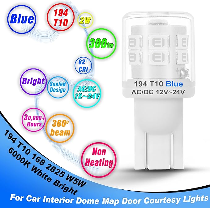 T10 912 921 906 194 LED Courtesy Step Lights Bulbs Ultra Blue Bulbs Replacement for Car RV Camper Interior Dome Map Door Courtesy License Plate Dashboard Lights, AC/DC 12-24 Volt, 2 Pack