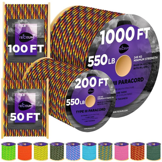 TECEUM Paracord Type III 550 Kaleidoscope – 1000 ft – 4mm – Tactical Rope MIL-SPEC – Outdoor para Cord –Camping Hiking Fishing Gear and Equipment – EDC Parachute Cord – Strong Survival Rope 900b