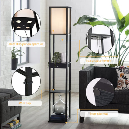 PULUOMIS Floor Lamp with Shelves, 3 Layers Wooden Shelf Standing Light, Modern Reading Lamp for Bedroom, Living Room, Office, Home Decoration (Size:26x 26x 160 cm) (Without Bulb)-Black