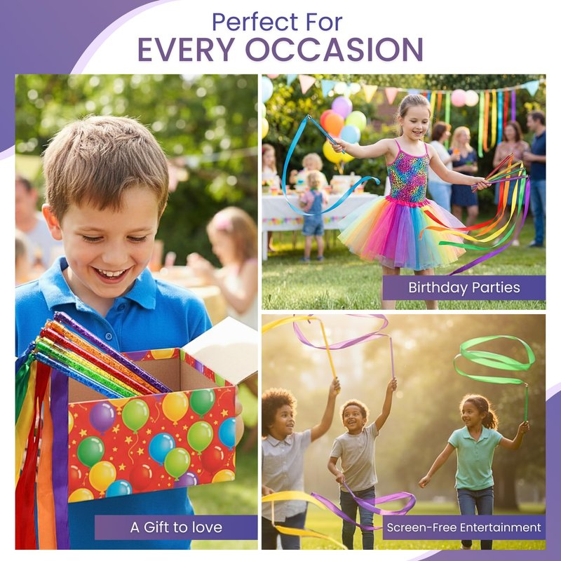 GSI Multicolor Sparkling Gymnastic Ribbon Wands [6 Pack] with 9 inch Stick and 1 Meter Ribbon for Gym, Training, Circus, Dance, Baton Twirling, Dancing Streamers (Pack of 6)