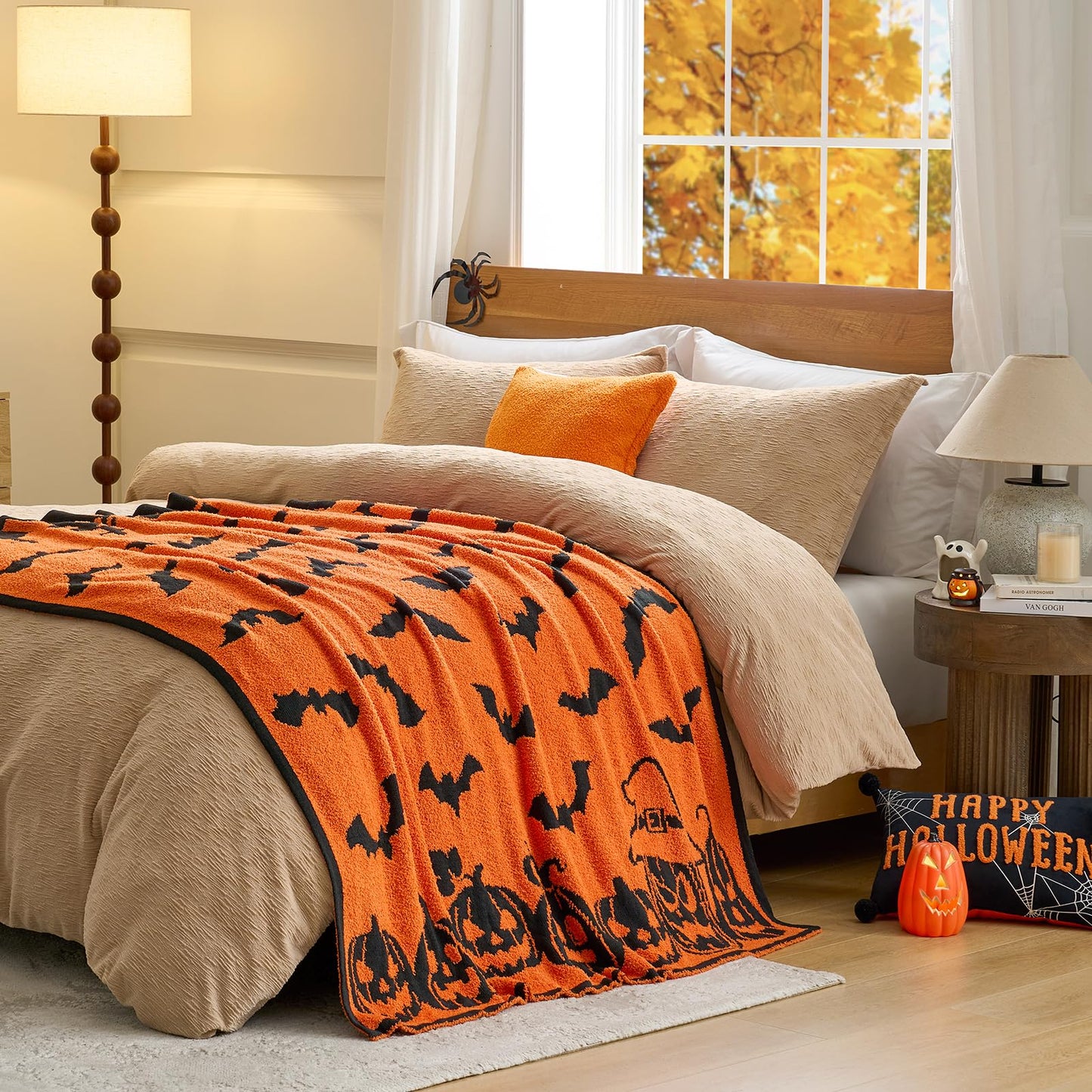 Snuggle Sac Halloween Throw Blanket Orange Pumpkin Bat Blanket,Reversible Rip Lightweight Soft Blanket for Decorating Couch Sofa Bed, Spooky Gift for Women Men Kids,50×60 inches