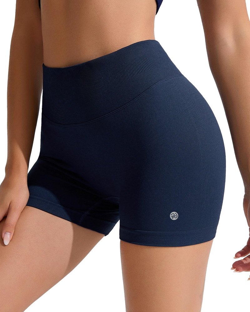 RIOJOY Womens Workout Shorts 4" Seamless High Waisted Scrunch Sports Yoga Fitted Short Tummy Control Running Biker Athletic No Front Seam Pants Soft Lightweight Booty Leggings Navy Blue S