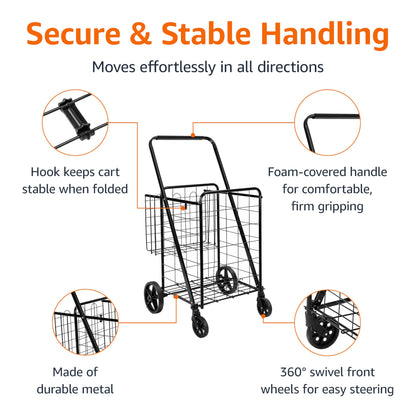 Amazon Basics Foldable Shopping Utility Cart with 360-Degree Wheels, Easy Assembly, Black, X-Large