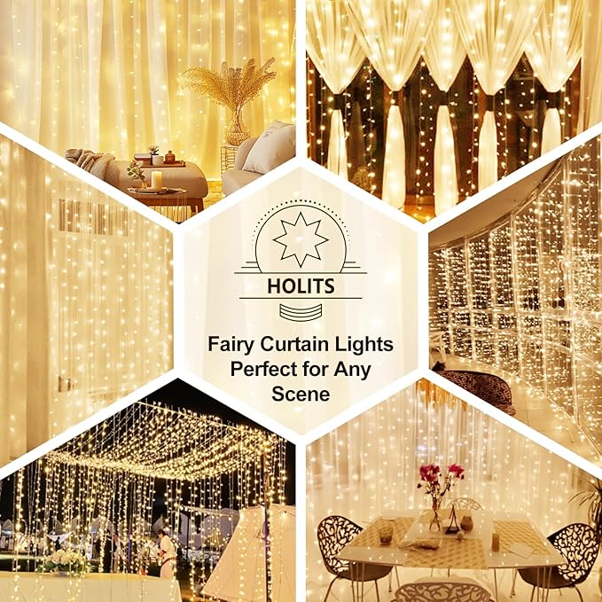 200 LED Fairy Curtain Lights, 6.6 x 6.6 FT Warm White USB Plug in 8 Modes String Hanging Lights with Remote for Christmas, Bedroom, Indoor, Outdoor, Weddings, Party (Warm White)