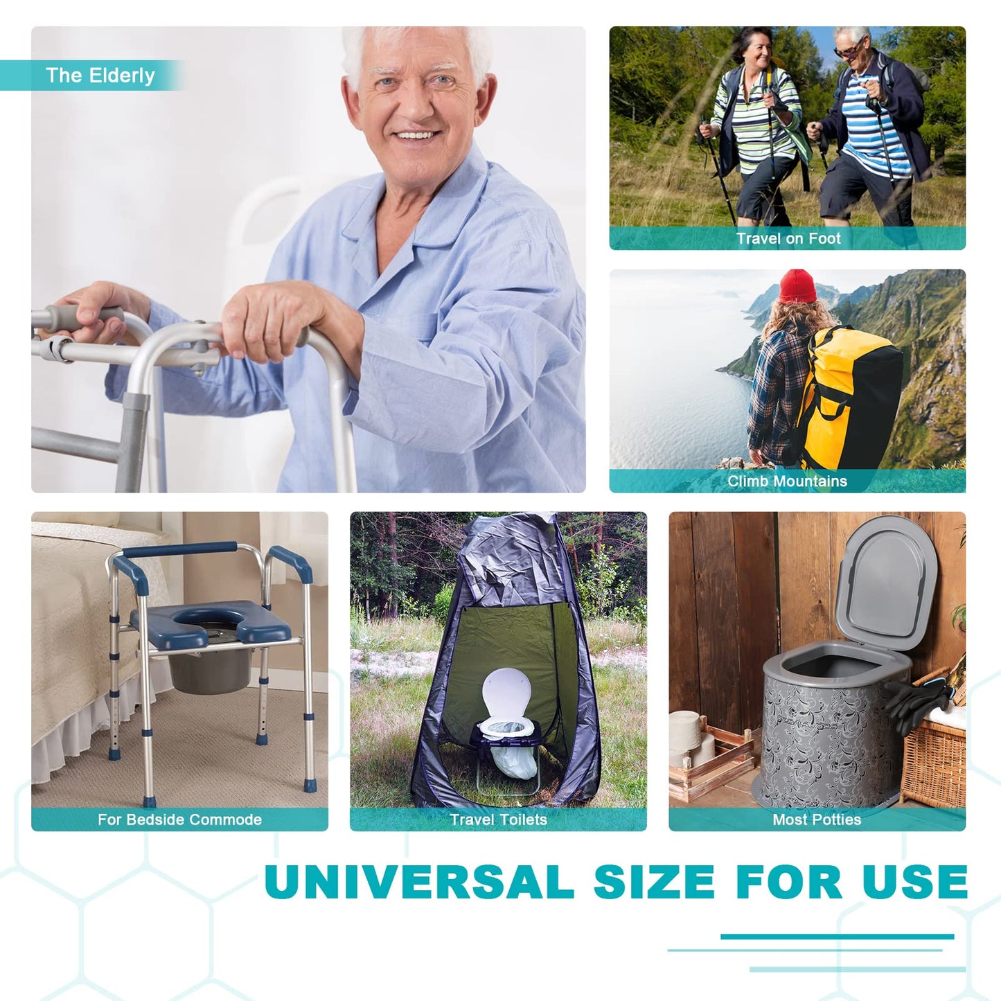 60 Commode Liners with Absorbent Pads, 60 Bedside Commode Liners and 60 Pads for Commode Bucket, Disposable Commode Bags for Adults, Portable Leak-Proof Potty Chair Liners (21 * 16in-60+60)