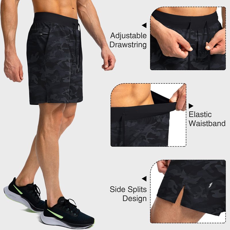 Soothfeel Men's Running Shorts with Zipper Pockets 7 Inch Lightweight Quick Dry Gym Athletic Workout Shorts for Men (Grey Camo, 3XL)