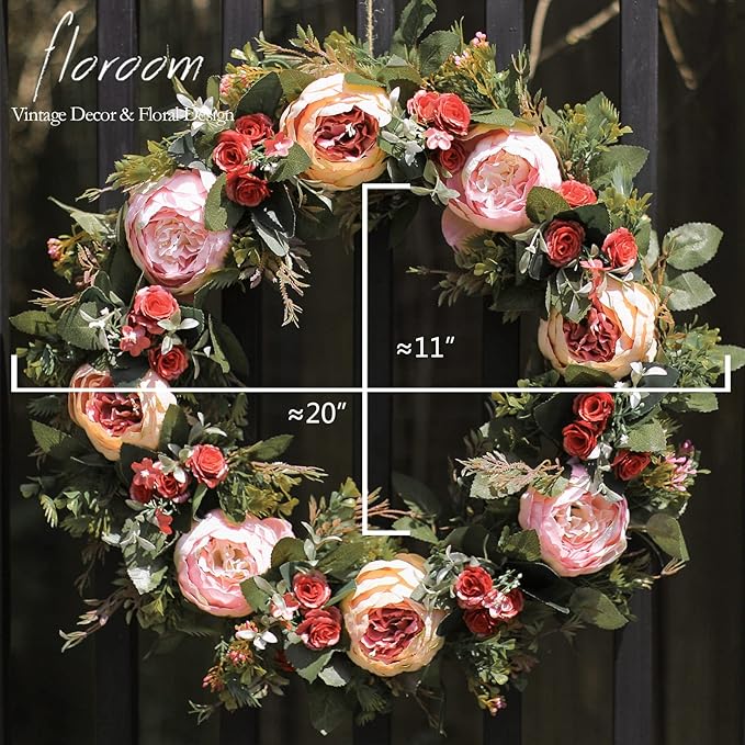 Floroom Floral Wreath, 20" Artificial Pink Peony Wreath for Front Door Decorations Wall Decor