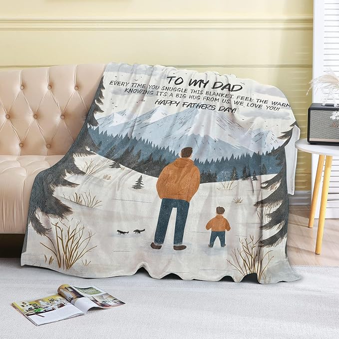 Father's Day Fleece Blanket - 60x80in Dad from Daughter Birthday Heartfelt Message Throw Blankets,Mountain Landscape,Soft Cozy Lightweight, Ideal for Living Room Home Decor and Men Gifts