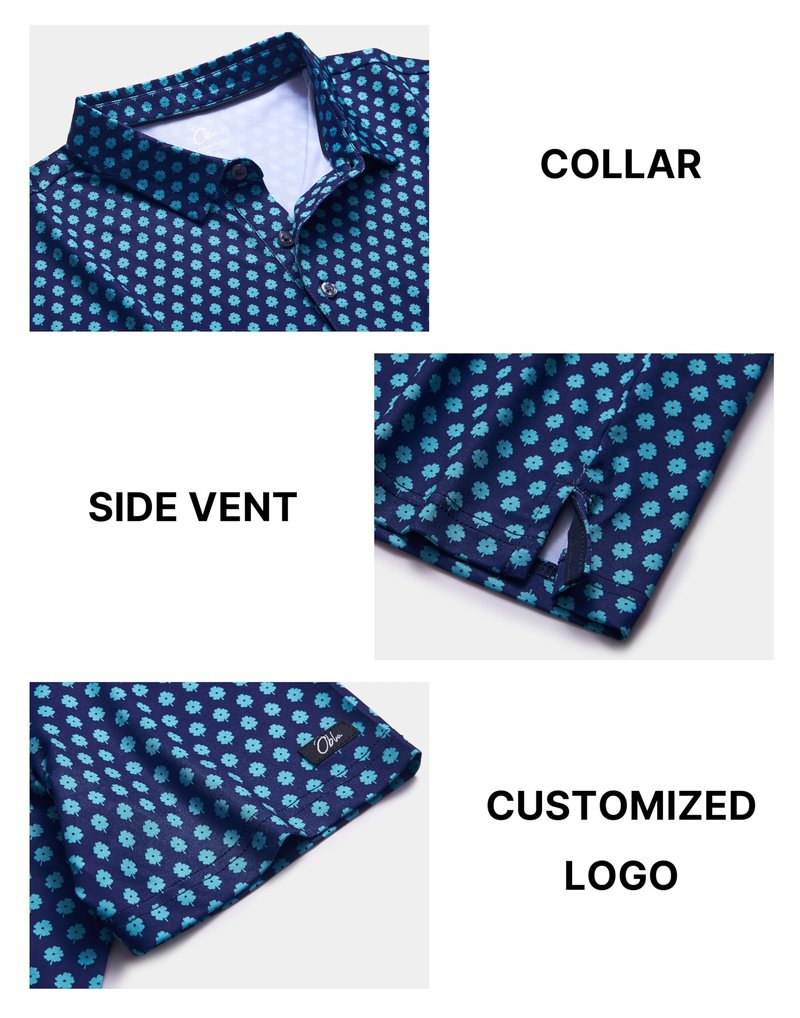 Obla Mens Golf Polo Shirts Short Sleeve Dry Fit Performance Moisture Wicking Casual Print Collared Golf Shirts for Men (Navy Blue Flower_XXL)
