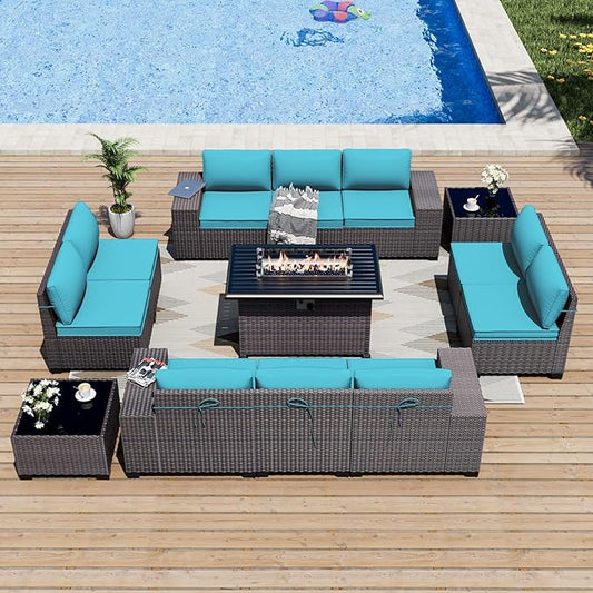 ALAULM 13 Pieces Outdoor Patio Furniture Set with Propane Fire Pit Table Outdoor Sectional Sofa Sets Patio Furniture 43" Gas Fire Pit Brown PE Rattan Patio Conversation Set w/10 Cushions (Lake Blue)