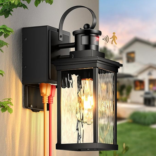 Outdoor Porch Light with GFCI Outlet, Black Motion Sensor Exterior Lighting Fixtures Wall Mount for House with Water Ripple Glass, Anti-Rust Waterproof Outdoor Wall Sconce Lantern for Garage