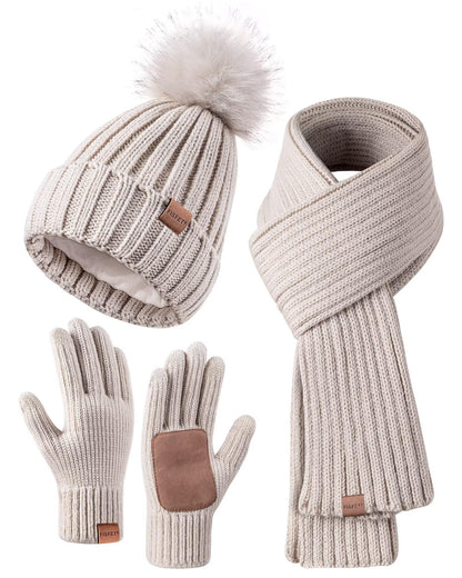 Winter Beanie Hat Scarf Gloves Set for Women, Winter Hats for Women Fleece Lined with Pom Pom Neck Warmer Touchscreen Gloves 3 in 1 Cold Weather Set, Stocking Stuffers Gifts for Mom Her(Oatmeal)
