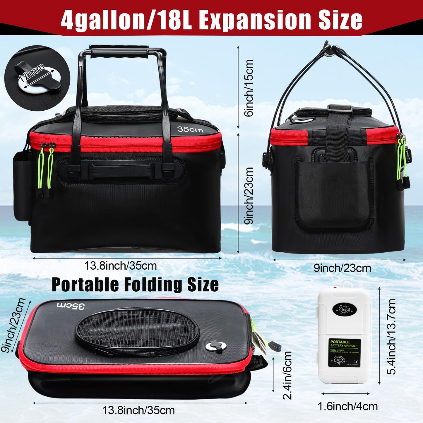 Cosblank 2 Pcs Fishing Bucket and Live Bait Aerator, Foldable Multi Functional Live Bucket Portable Quiet Aerator Outdoor Camping Fishing EVA Bag(Black,4 Gallon)