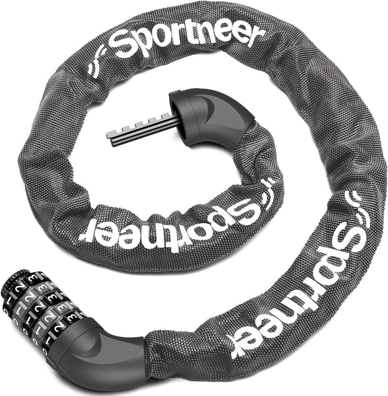 Sportneer 5 Digit Combination High Security Anti Theft Bike Chain Lock - 3.2/3.6/4ft Heavy Duty Resettable Keyless Bicycle Lock for Bike, Motorcycle, Scooter, Door & Gate - 6mm Thick