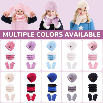 Girls Winter Hat Scarf Gloves Set for Cold Weather, Kids Beanie Hat Infinity Scarf Knitted Gloves Sets White Knit Thick Warm Fleece Lined Thermal Set for 6-10 Years Old Boy Baby Toddler Children