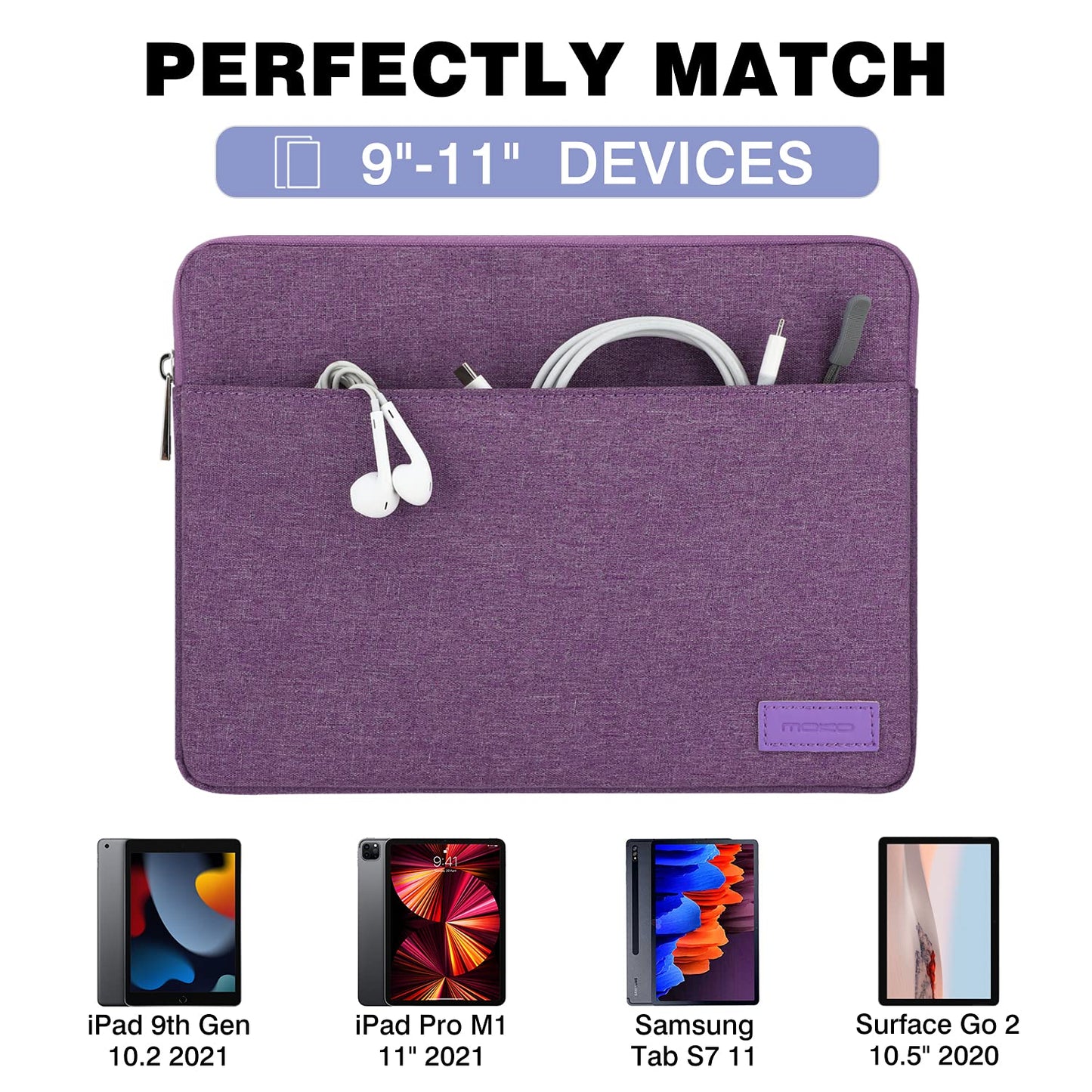 MoKo 9-11 Inch Tablet Sleeve Bag Carrying Case Fits New 11 inch iPad Air M3, iPad A16 2025, iPad Pro 11 M4/Air M2, iPad Air 5/4/3th, iPad 10/9/8/7th, Purple
