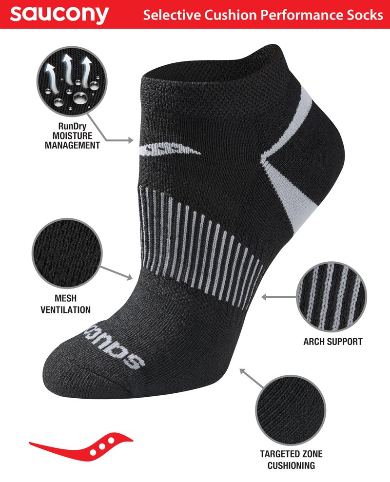 Saucony Women's RunDry Performance Selective Cushion Socks, Available in S-L (6, 12 Pairs), Black Basic (6 Pairs), Medium
