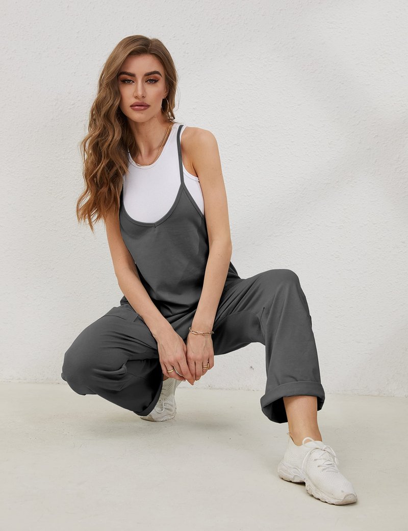 Lentta Women's Causal Jumpsuits V Neck Sleeveless Harem Overalls Stretchy Adjustable Strap Romper with Pockets(DarkGrey-L)