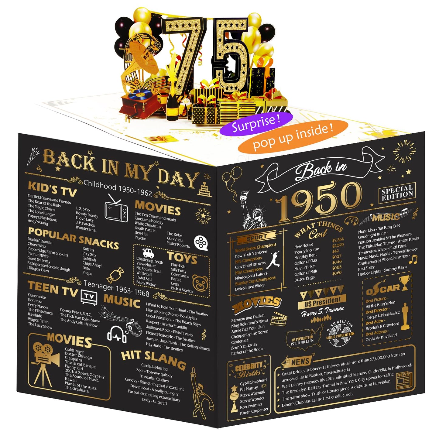 OLOSONG 75th Birthday Card for Men Women, Funny 3D Pop Up 75th Birthday Gifts for Grandma Mom Dad, Back In 1950 Happy 75 Year Old Birthday Decorations Cards for Her Him
