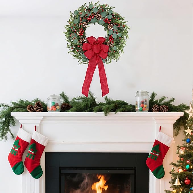 Artificial Christmas Wreath 24Inch Christmas Wreaths for Front Door Norfolk Pine Wreath with Eucalyptus Leaves Red Berries Pine Cones Red Bow for Wall Indoor Outdoor Winter Xmas Decoration