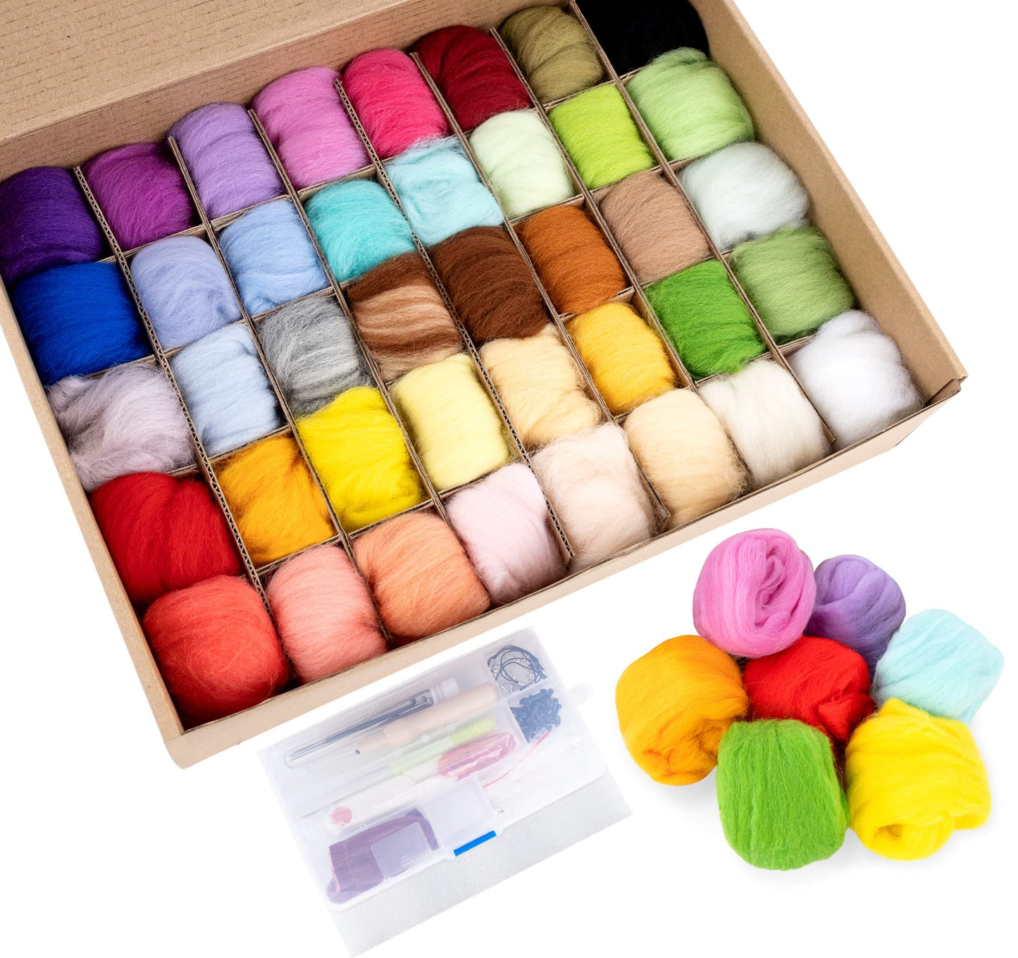 Homewit Needle Felting Starter Kit, 40 Colours Wool Roving Felting Basic Kit, 57 Pcs Felting Needles Parts,Felting Handmade Sewing Craft Kit for Hand Spinning DIY Craft Projects for Beginners Adults