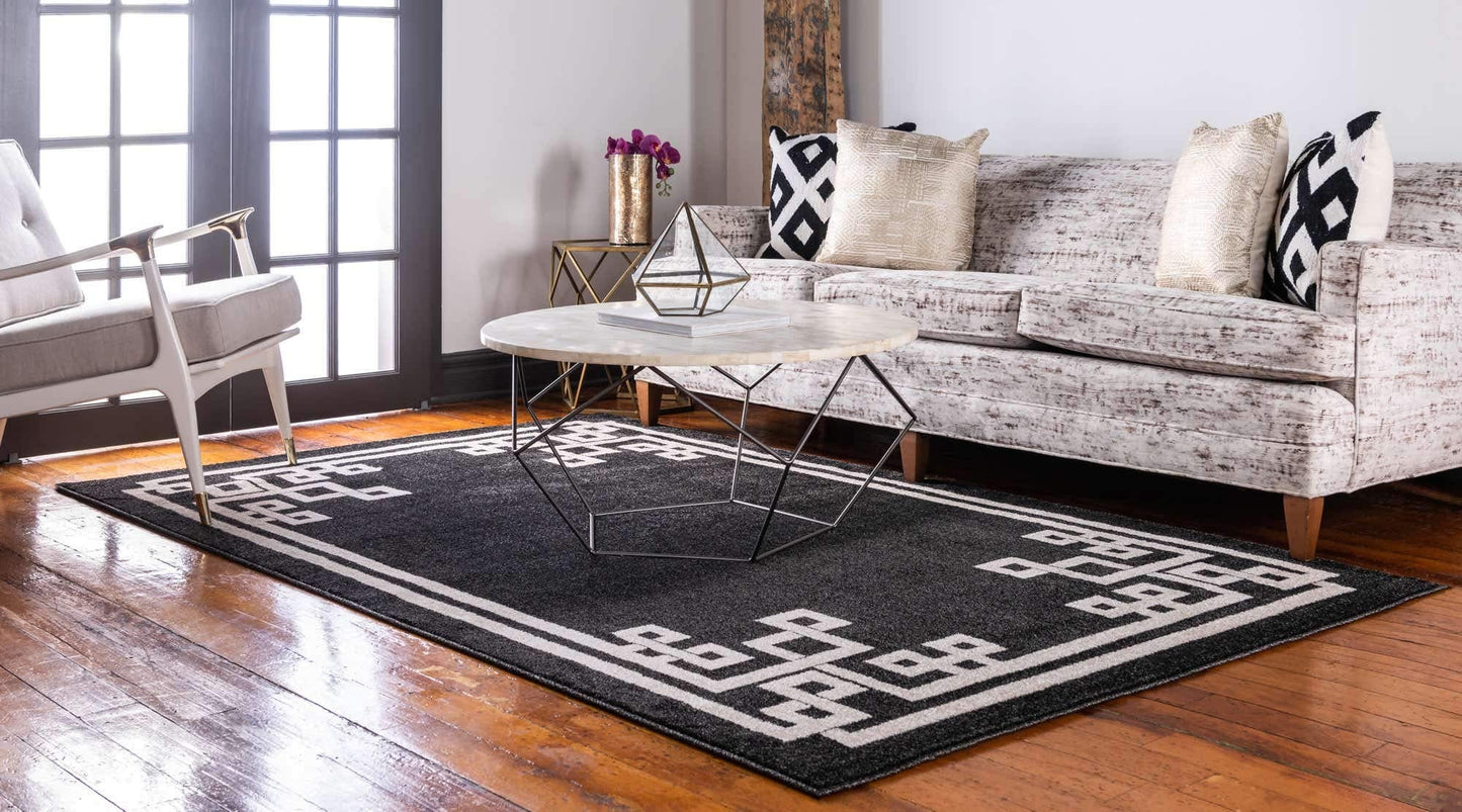 Unique Loom Athens Collection Classic Geometric Tribal Modern Border Design Area Rug (7' 0 x 10' 0 Rectangular, Black/ Beige)