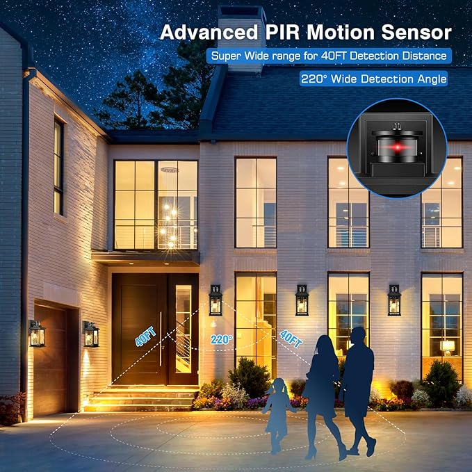 VIANIS Motion Sensor Exterior Lights for House, 2 Pack Dusk to Dawn Porch Lights Sconce Outdoor, Moden Black Outdoor Sconce Lights Lantern with Tempered Glass for Garage, Patio, Waterproof