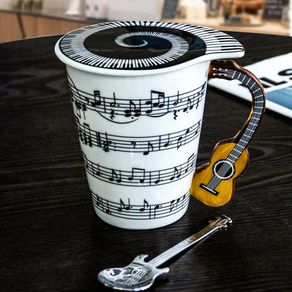 Guitar Novelty Mug Unique Musical Gift Coffee Cup with Cool Music Themed Lid & Guitar Handle Design & Guitar Spoon, Great Gifts for Music Teachers,&guitarLoversfor Holidays,Fathers Day,Men,Woman