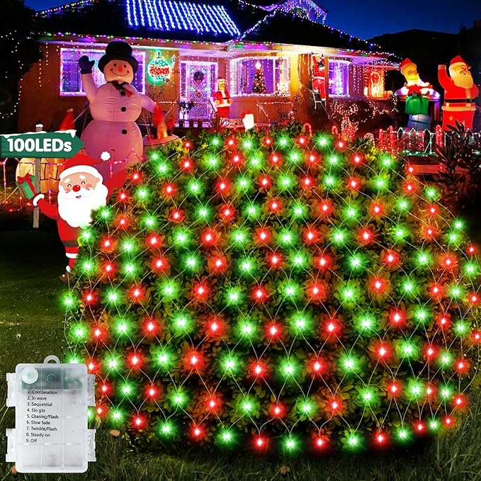 Hezbjiti Battery Operated Christmas Lights Outdoor 100 LED 5FT x 3.3FT Waterproof Timed Memory Net Mesh Lights for Xmas Trees Bushes Garden Yard Lawn Patio Christmas Decor (1 Pack Red and Green)