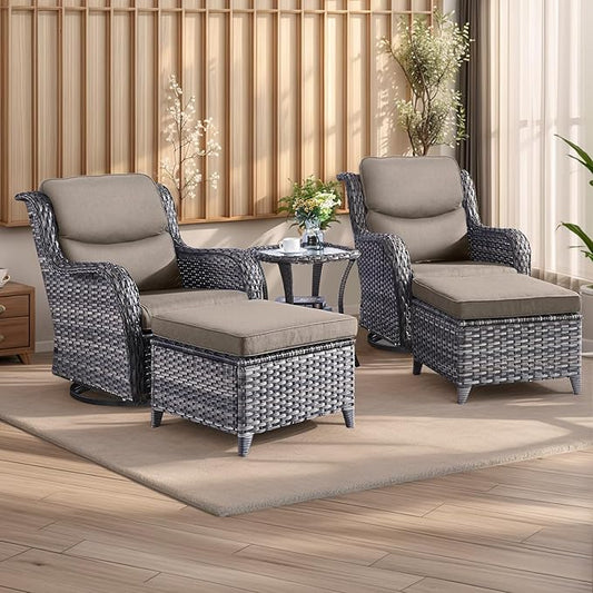 Rilyson Wicker Patio Furniture Set - 5 Piece Rattan Outdoor Sectional Conversation Sets with 2 Swivel Rocking Chairs,2 Ottomans and 1 Side Table for Porch Deck Garden(Mixed Grey/Grey/Smile)