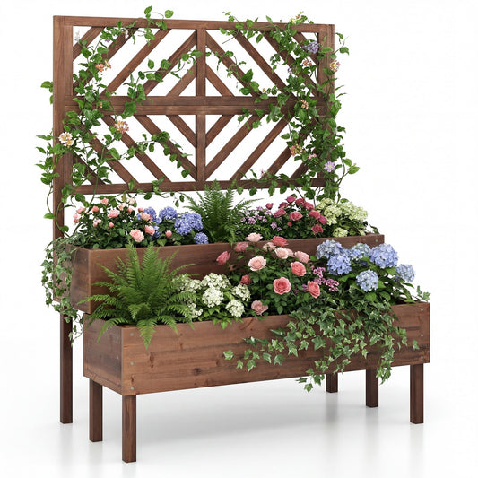 Giantex Raised Garden Bed with Trellis, 2-Tier Standing Planter Box with Legs and Drain Holes, Outdoor Elevated Garden Trellis for Vine Climbing, Flower Vegetable Fruit Herb Growing, Coffee Brown