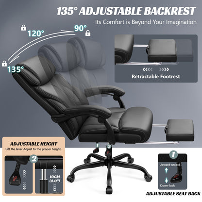 HeroSet Office Chair, Executive Leather Chair Big and Tall Ergonomic Computer Desk Chair, Comfy Swivel Rolling Reclining Lumbar Support Task Chair with Adjustable High Back Foot Rest for Home Gaming