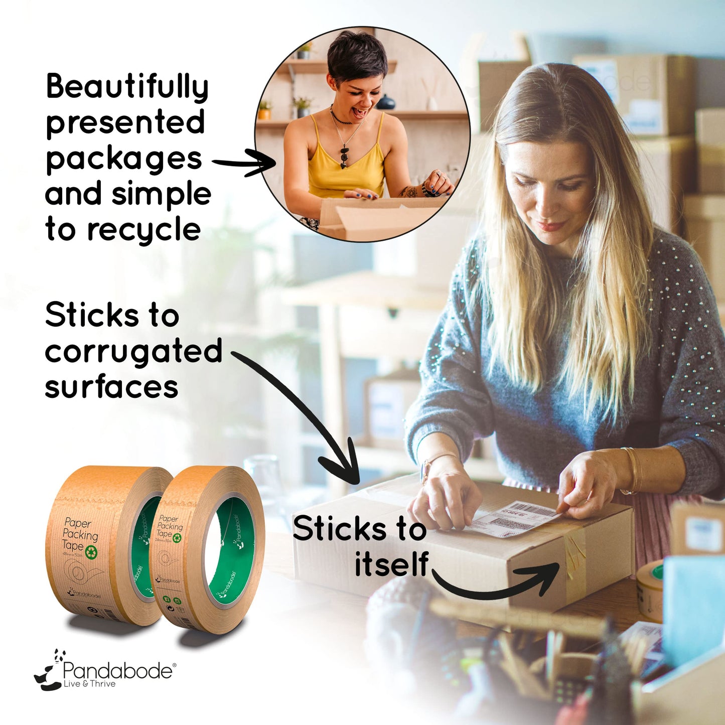 Pandabode Kraft Paper Packing Tape 48mm x 50m | Brown Paper Tape for Strong Parcel Packaging | 1/3/6/12 Pack | Recyclable & Eco Friendly (3)