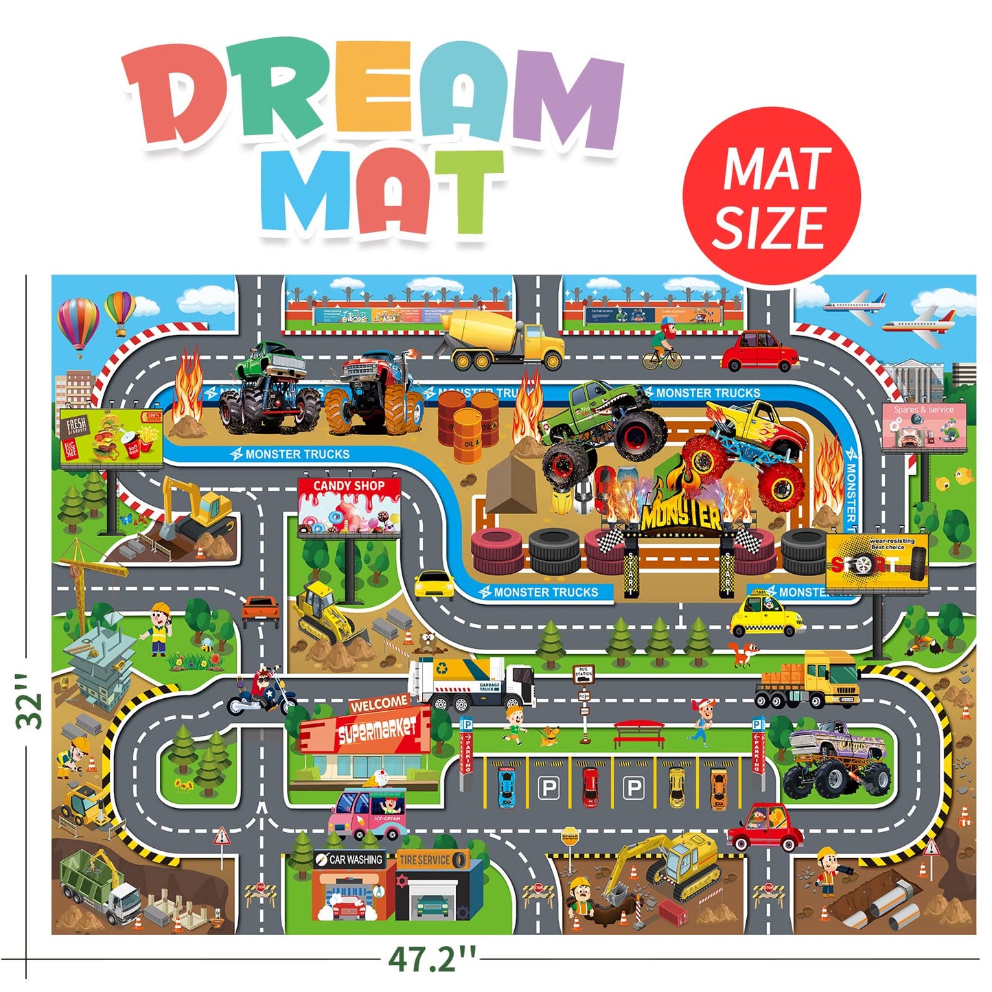 Oriate Kids Toy Car Play Mat Racetrack Activity Playmat, Kids City Road Mat Toy Cars Play Rug for Children Pretend Game, Play Carpet Floor Mats for Race Collection Toys Accessories 47" X 31"