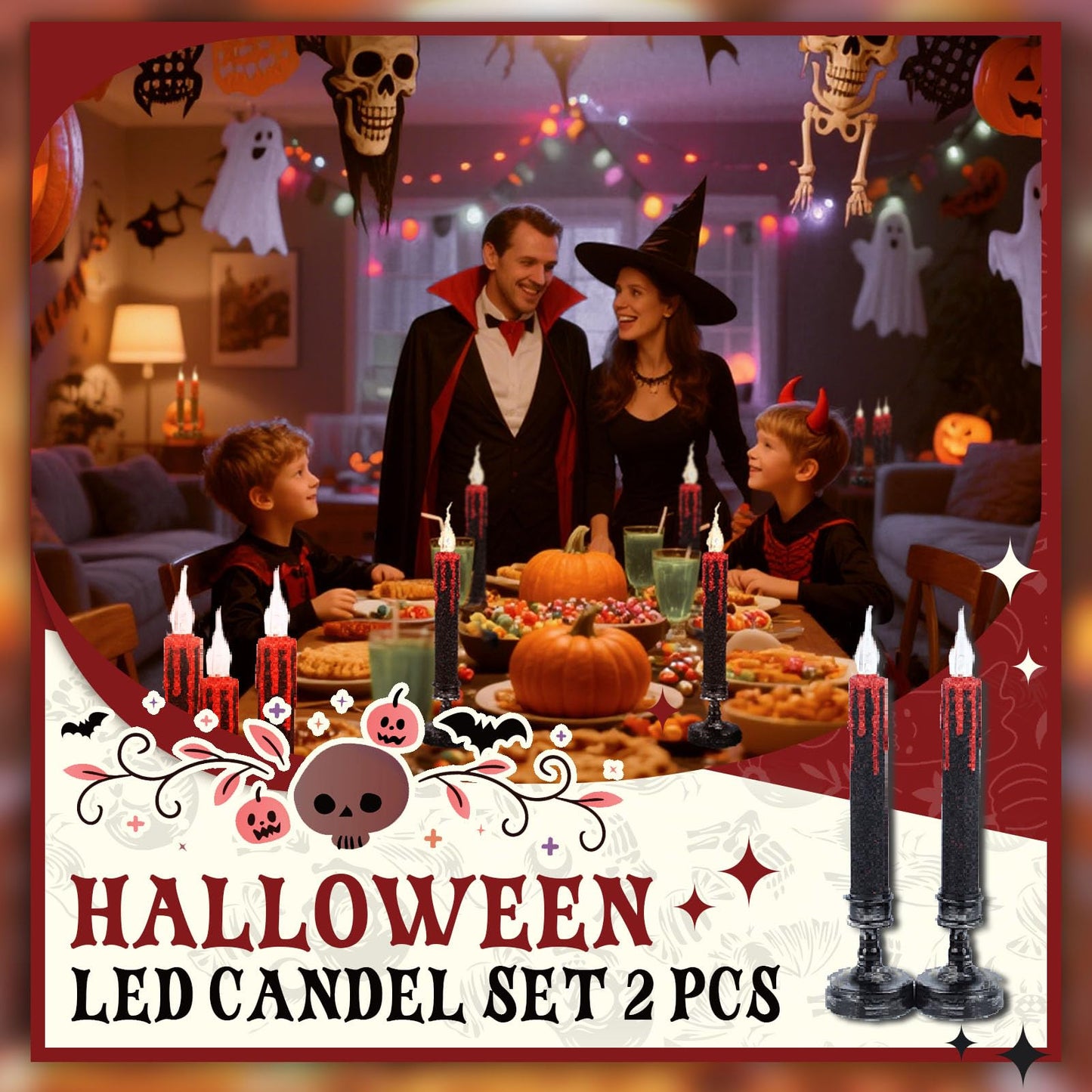 Nicrolandee Halloween Decorations, 2 PCS Blood Dripping Flameless Candles Led Taper Candle with Remote Control, Amber Warm Yellow Flickering Candle for Halloween Home Decor, Horror Party Decorations