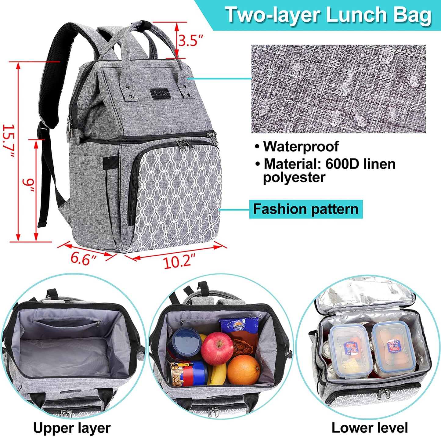 AmHoo Insulated Lunch Box Cooler Backpack Waterproof Leak-proof Lunch Bag Tote For Men Women Hiking Beach Picnic Trip with Strongest YKK Zipper Black