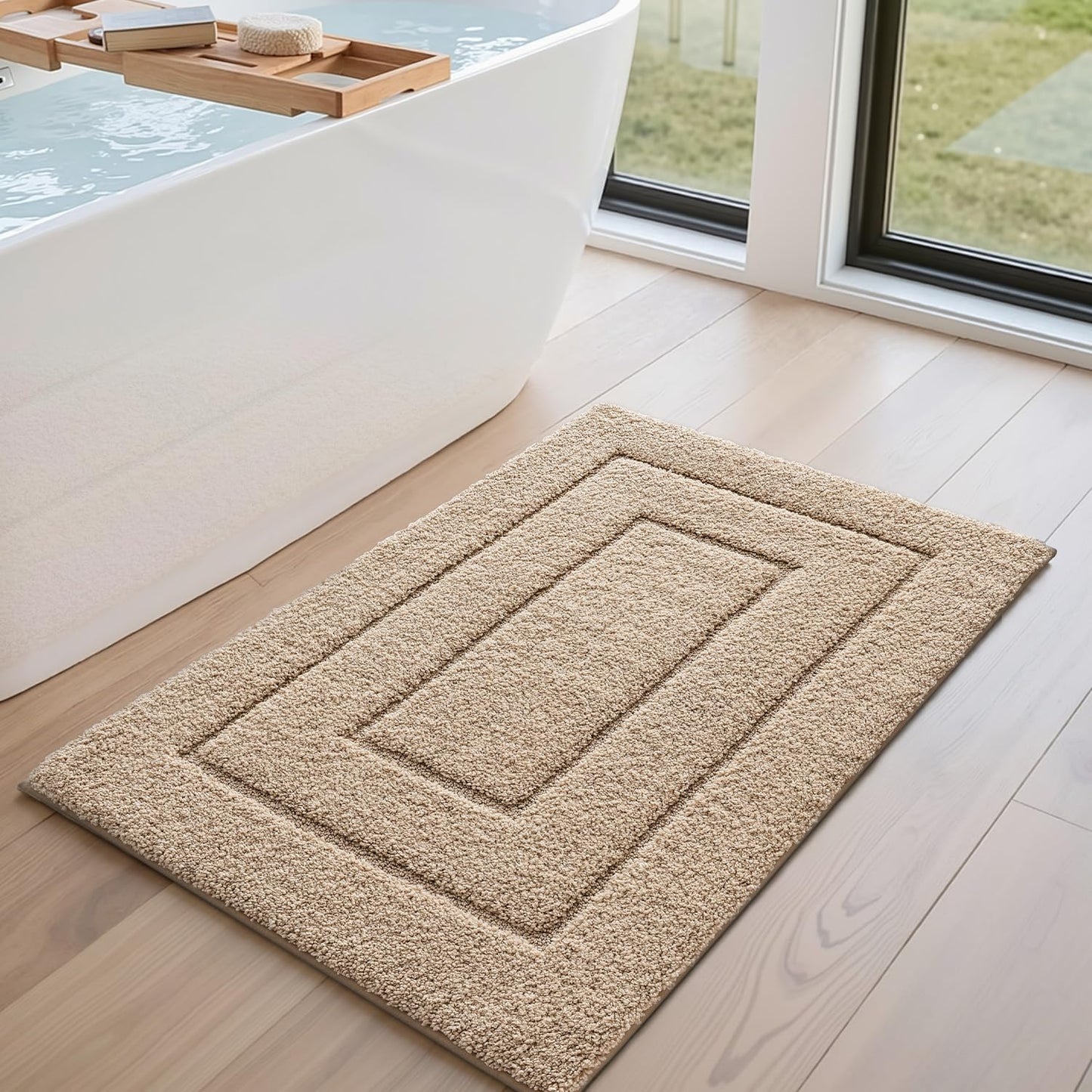DEXI Bathroom Rug 32x20, Non Slip Washable Bath Mat for Shower Floor, Absorbent Soft Bathmat with Rubber Backing, Quick Dry Microfiber Carpet, Beige