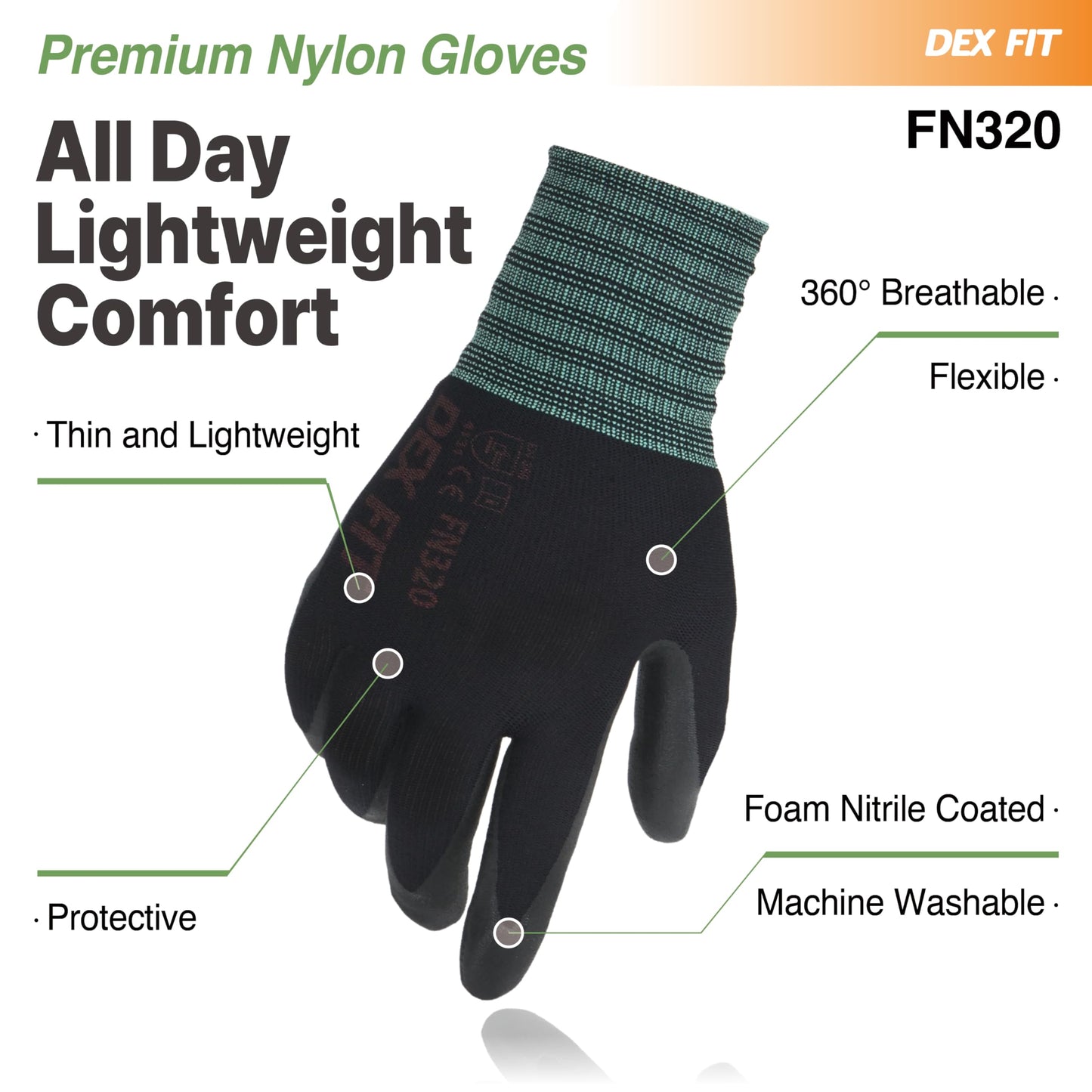 DEX FIT Nylon Work Gloves FN320, 3D Comfort Fit, Power Grip, Lightweight, Touchscreen for Men & Women, Breathable & Flexible for Yard Work DIY Mechanic Warehouse; Black 9 (L)